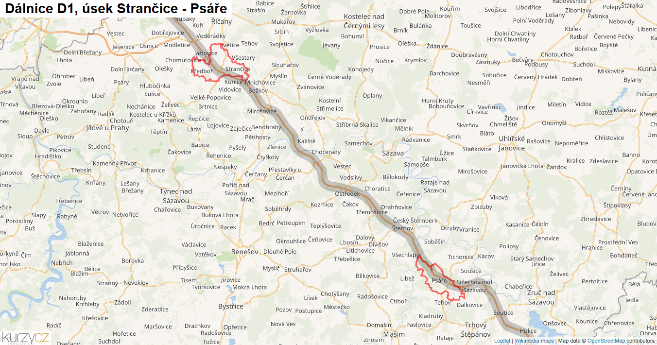 Úsek Strančice - Psáře, Dálnice D1 - Mapa