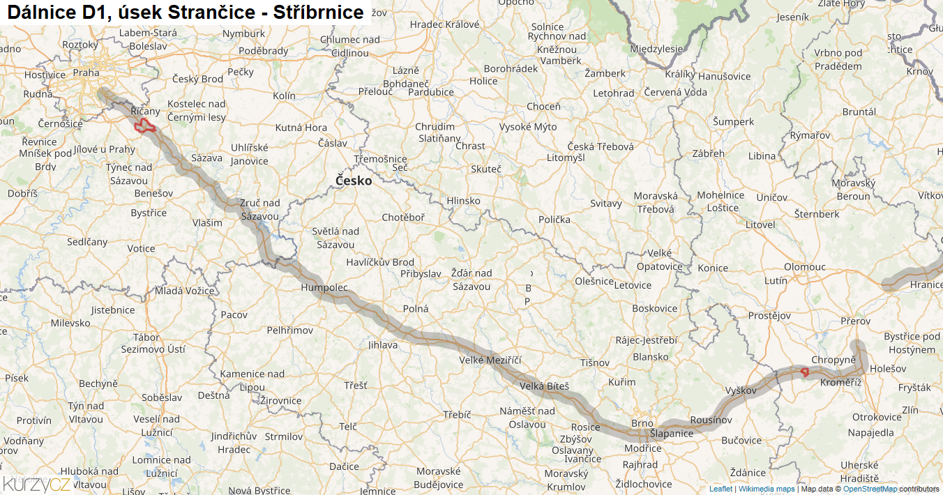 Úsek Strančice - Stříbrnice, Dálnice D1 - Mapa
