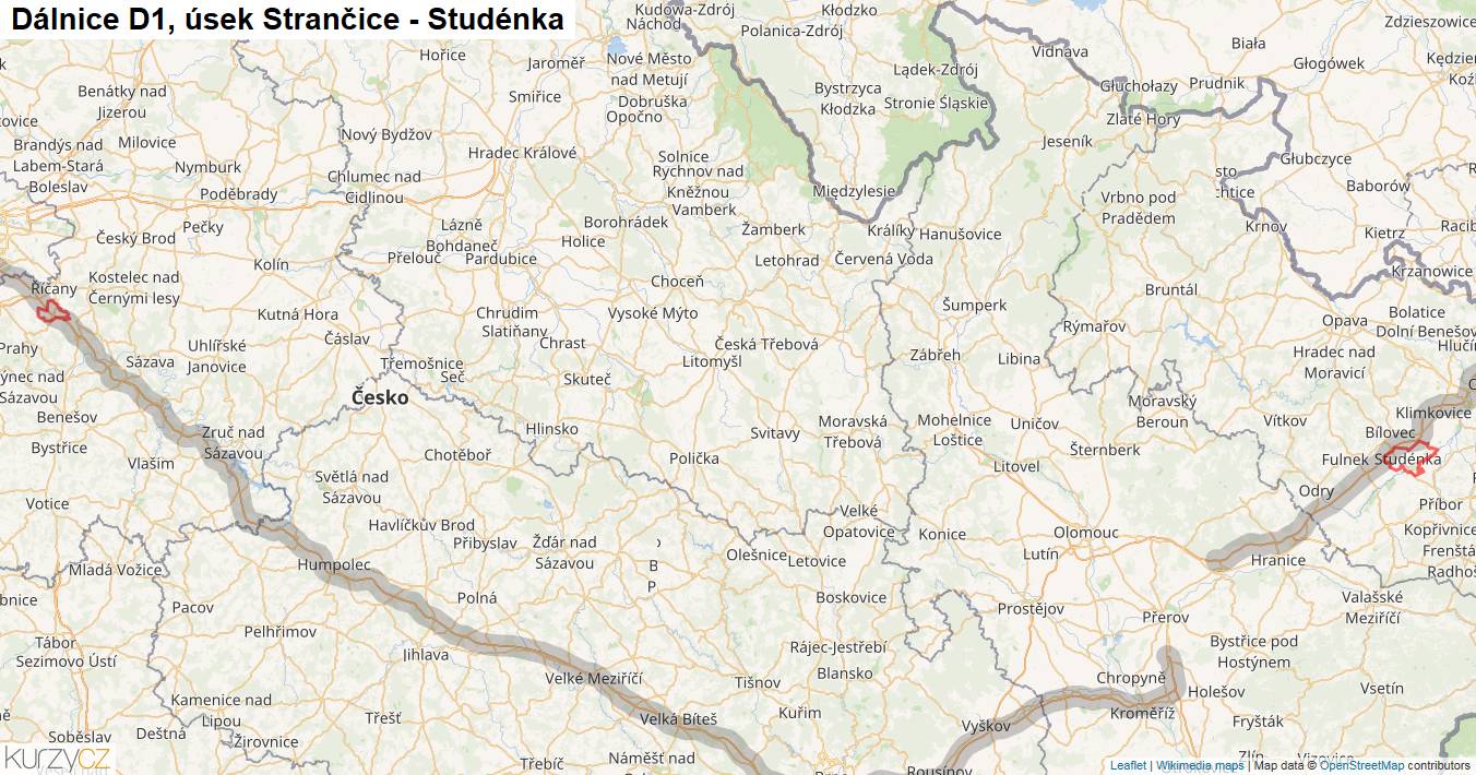 Úsek Strančice - Studénka, Dálnice D1 - Mapa