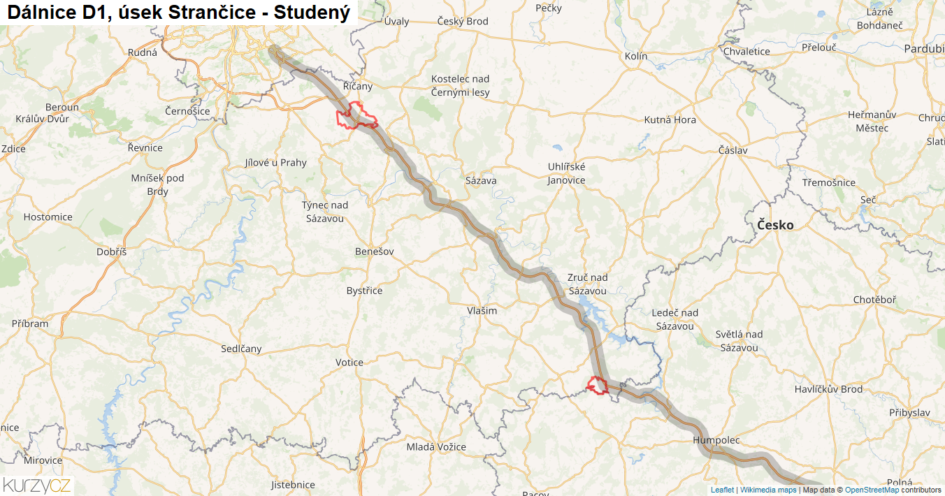 Úsek Strančice - Studený, Dálnice D1 - Mapa