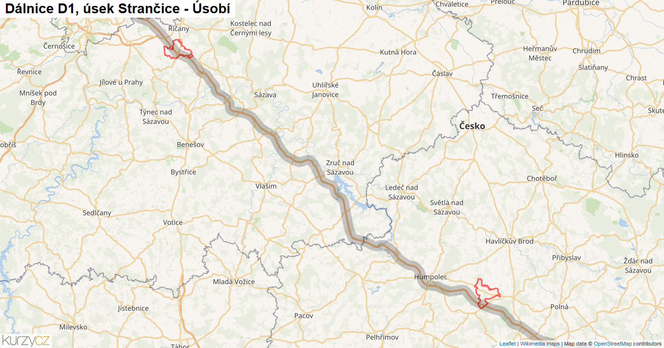 Úsek Strančice - Úsobí, Dálnice D1 - Mapa