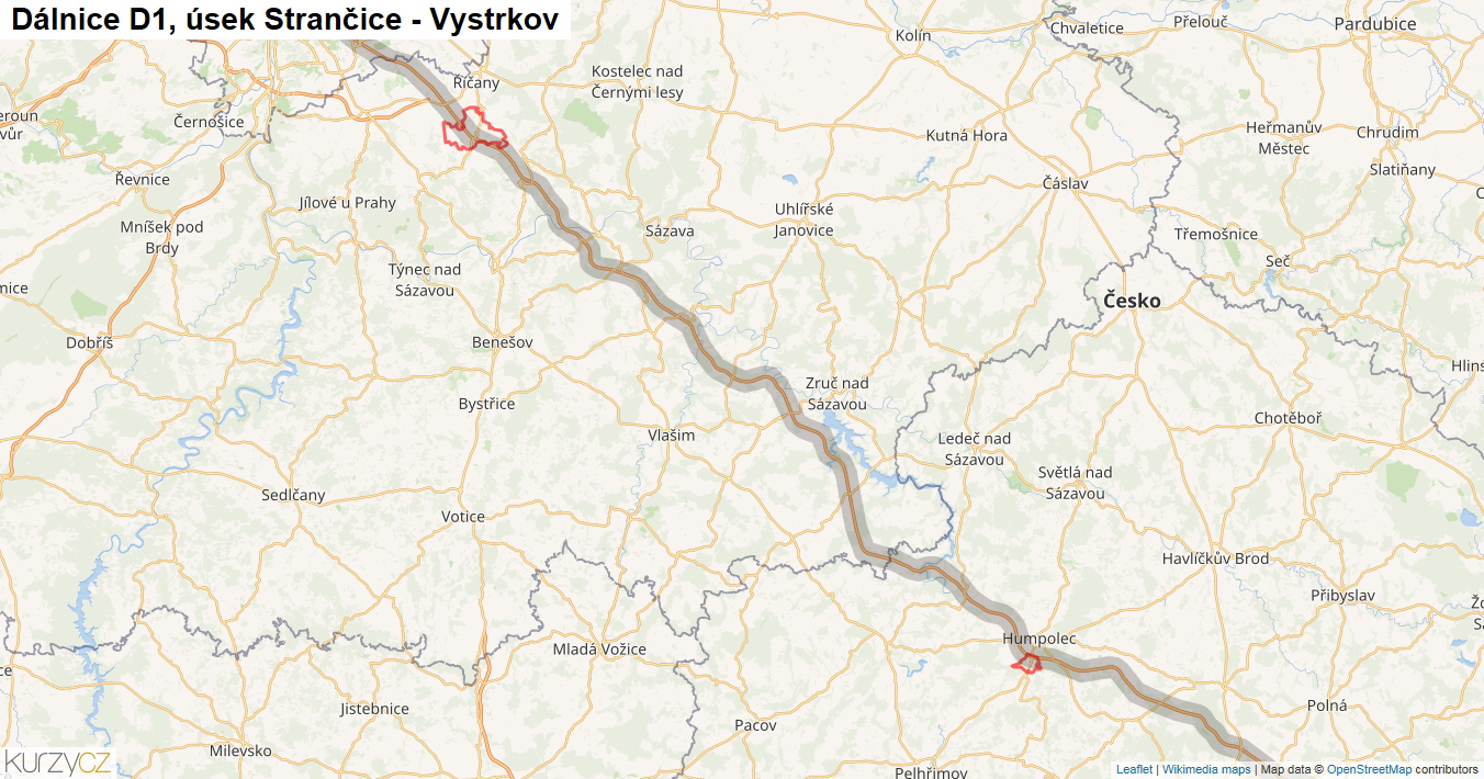Úsek Strančice - Vystrkov, Dálnice D1 - Mapa