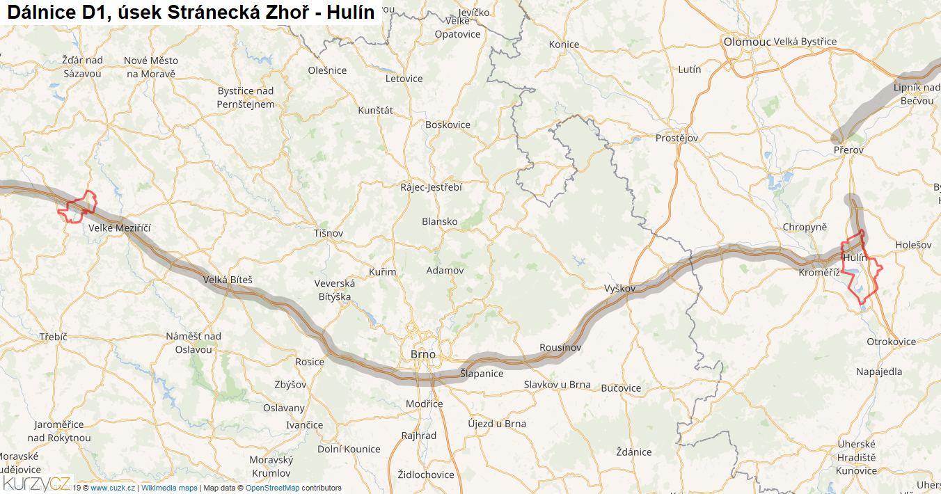Úsek Stránecká Zhoř - Hulín, Dálnice D1 - Mapa
