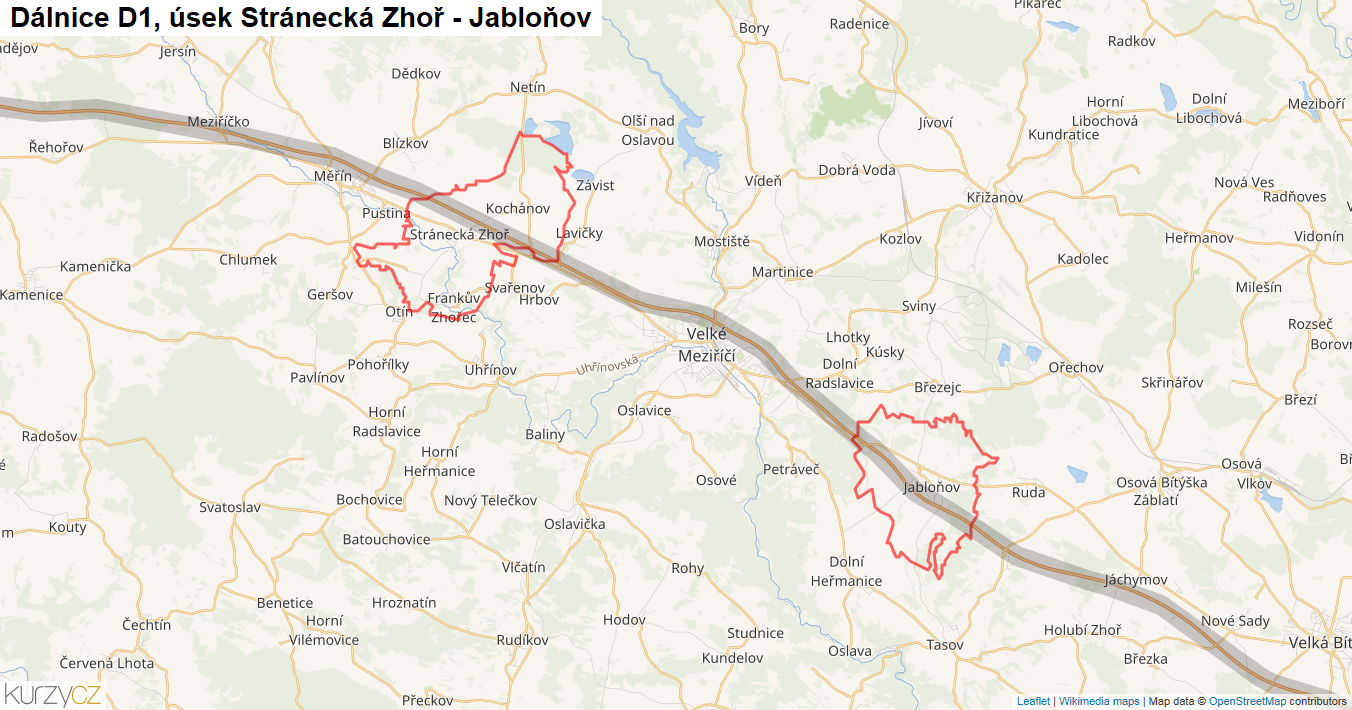 Úsek Stránecká Zhoř - Jabloňov, Dálnice D1 - Mapa