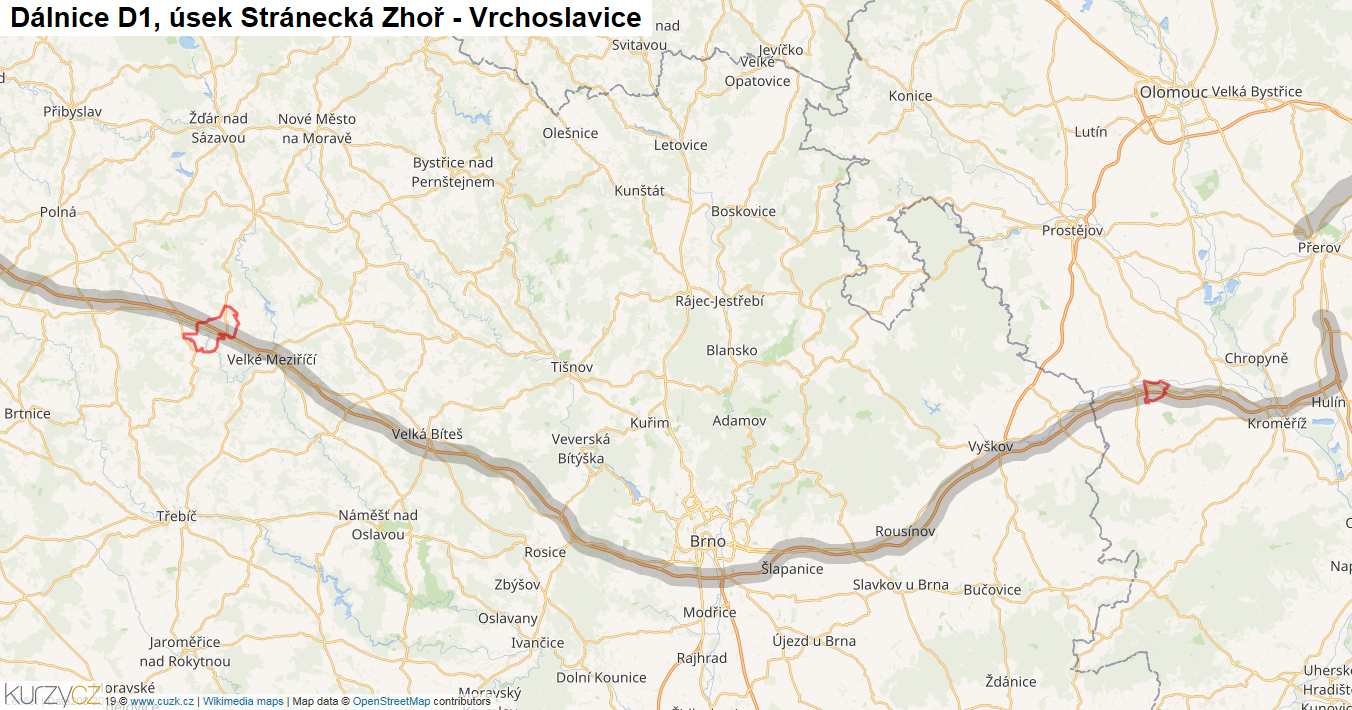 Úsek Stránecká Zhoř - Vrchoslavice, Dálnice D1 - Mapa