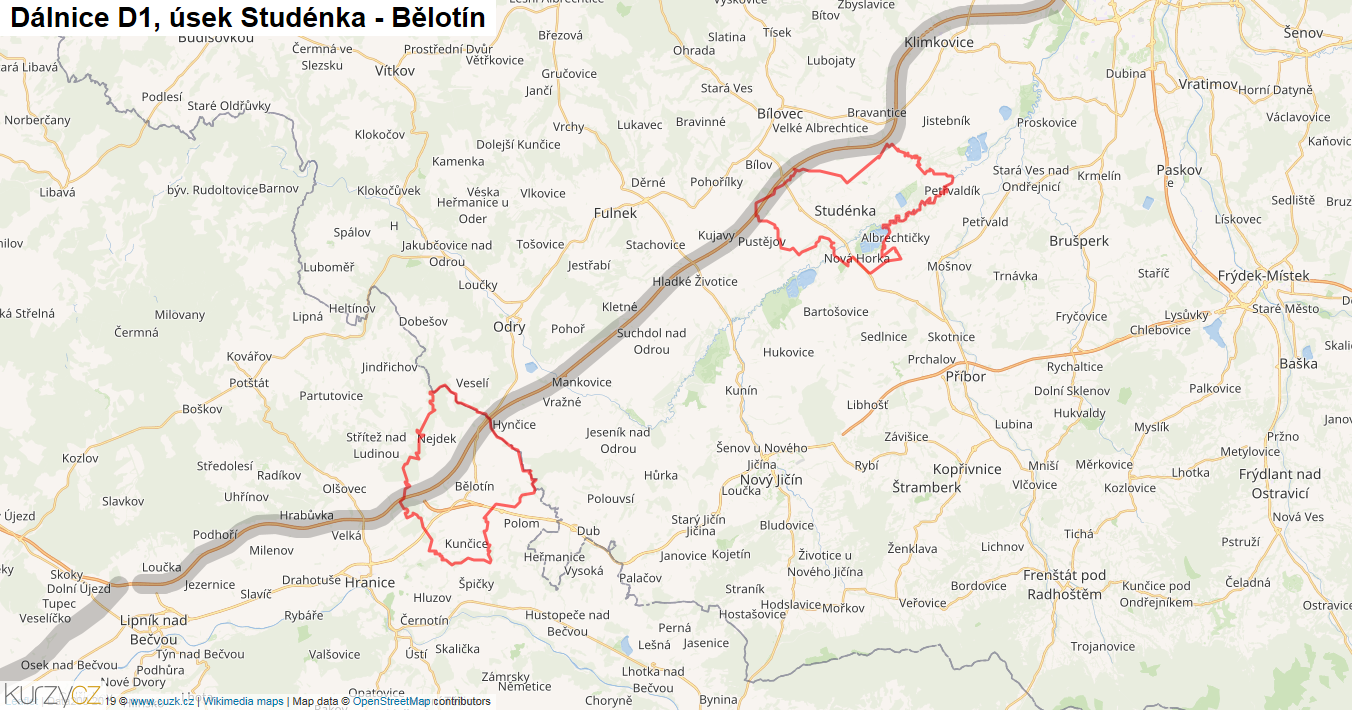 Úsek Studénka - Bělotín, Dálnice D1 - Mapa