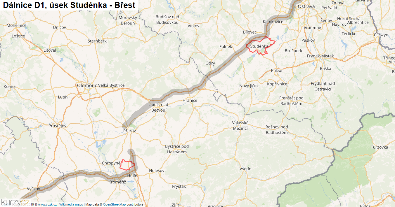 Úsek Studénka - Břest, Dálnice D1 - Mapa