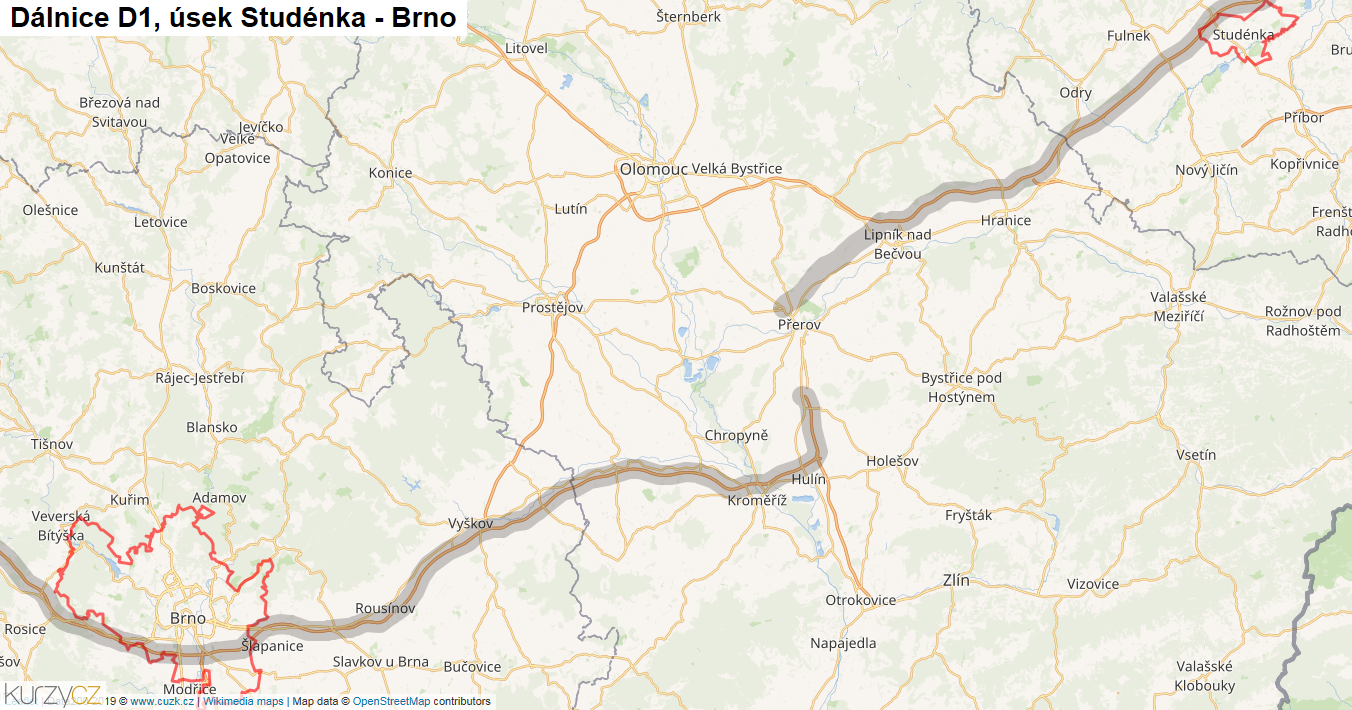 Úsek Studénka - Brno, Dálnice D1 - Mapa