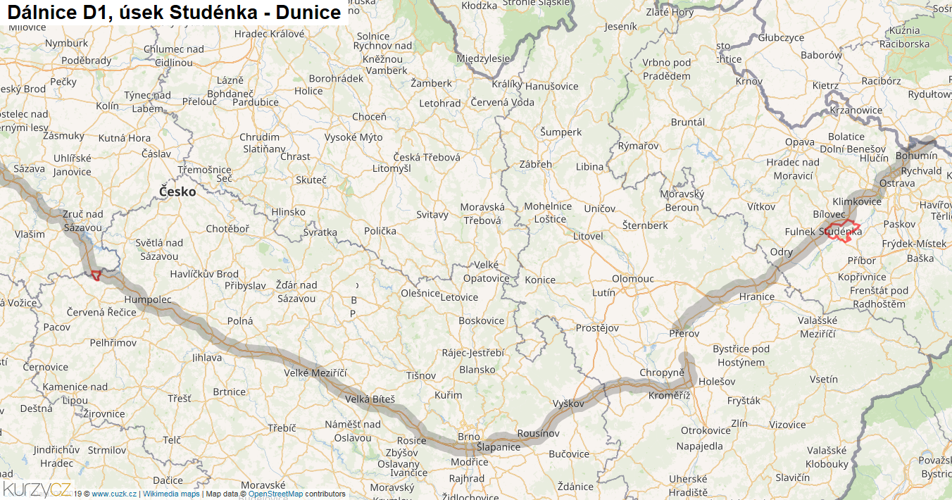 Úsek Studénka - Dunice, Dálnice D1 - Mapa