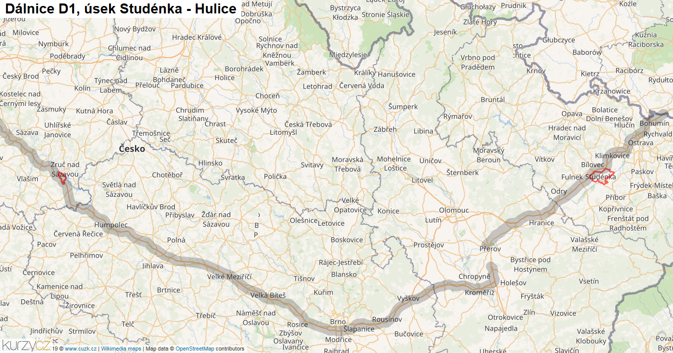 Úsek Studénka - Hulice, Dálnice D1 - Mapa