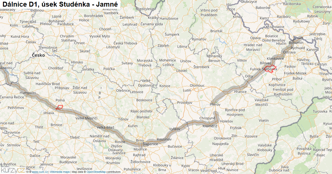 Úsek Studénka - Jamné, Dálnice D1 - Mapa