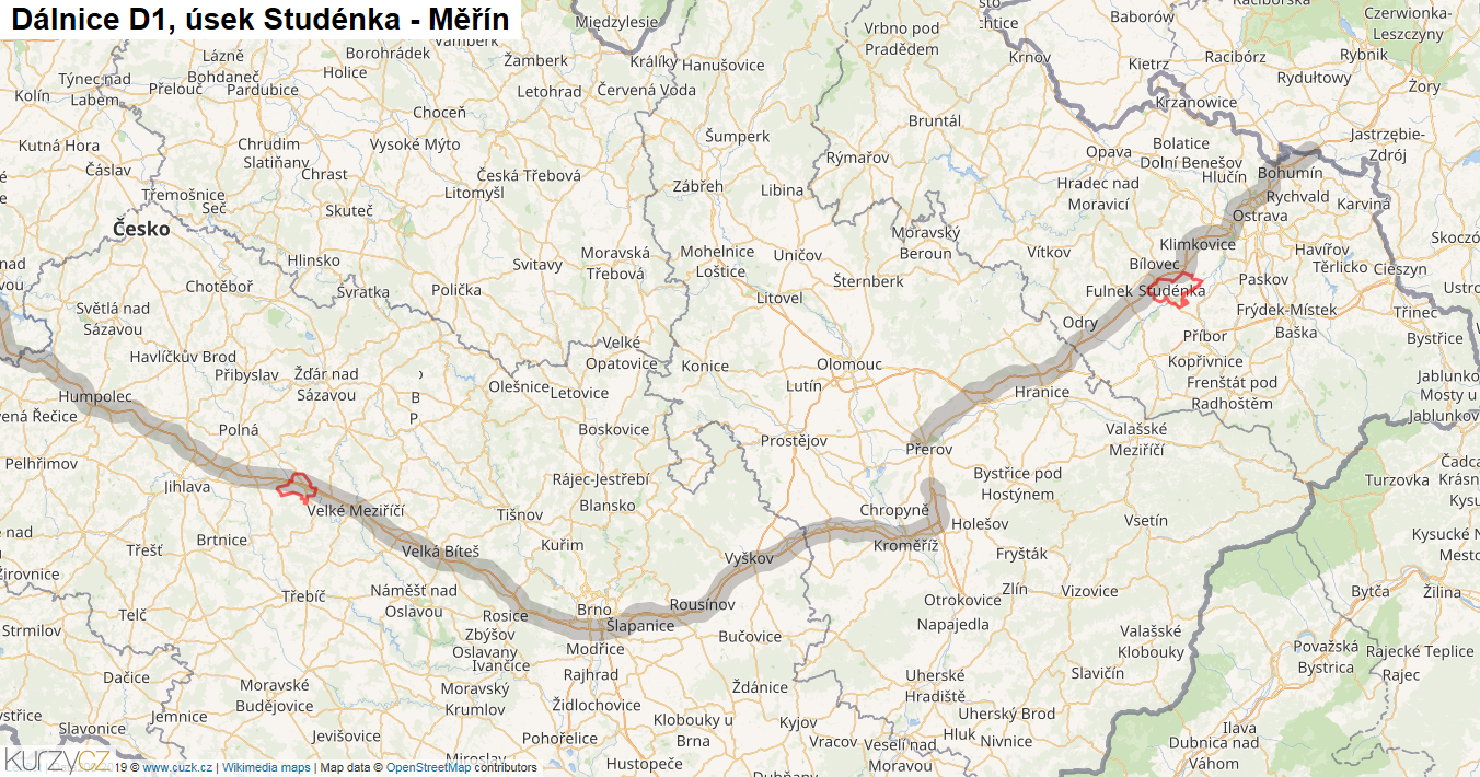 Úsek Studénka - Měřín, Dálnice D1 - Mapa
