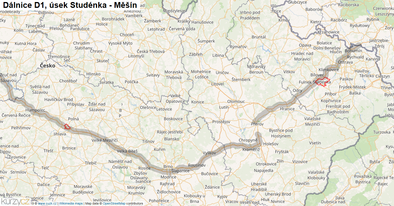 Úsek Studénka - Měšín, Dálnice D1 - Mapa