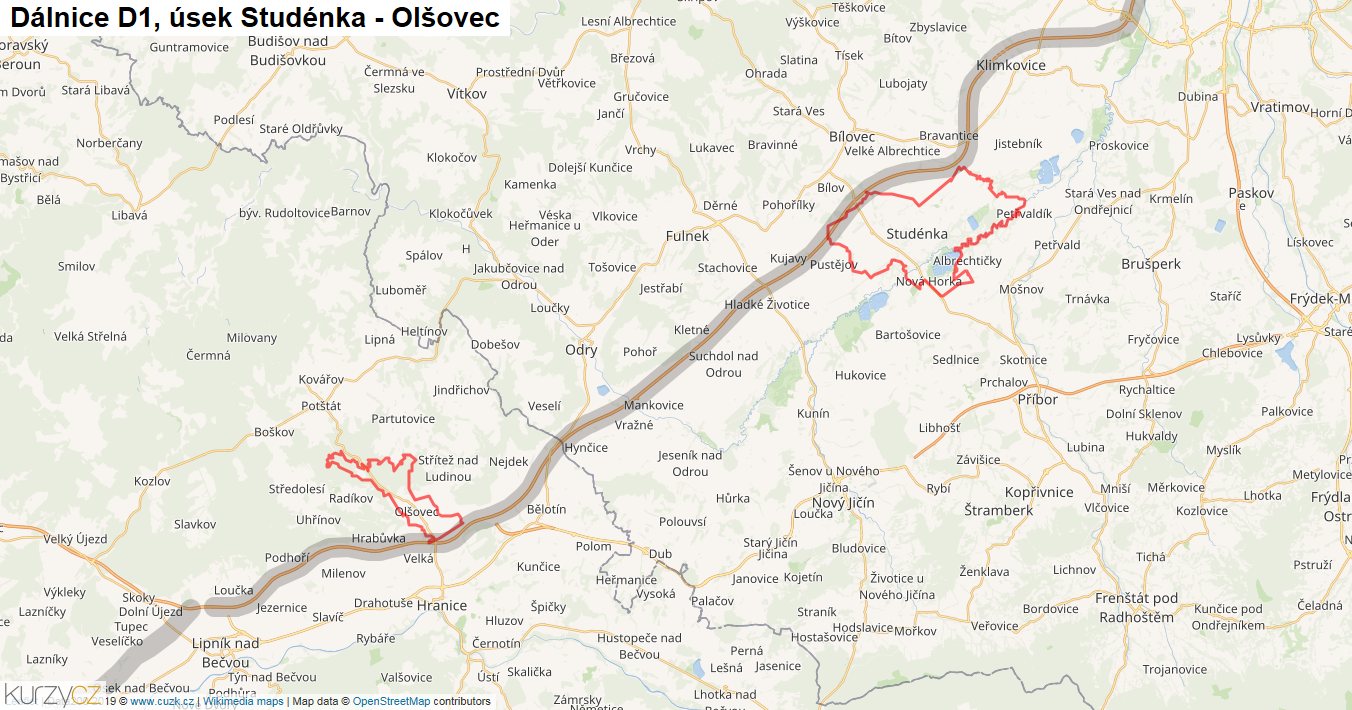 Úsek Studénka - Olšovec, Dálnice D1 - Mapa
