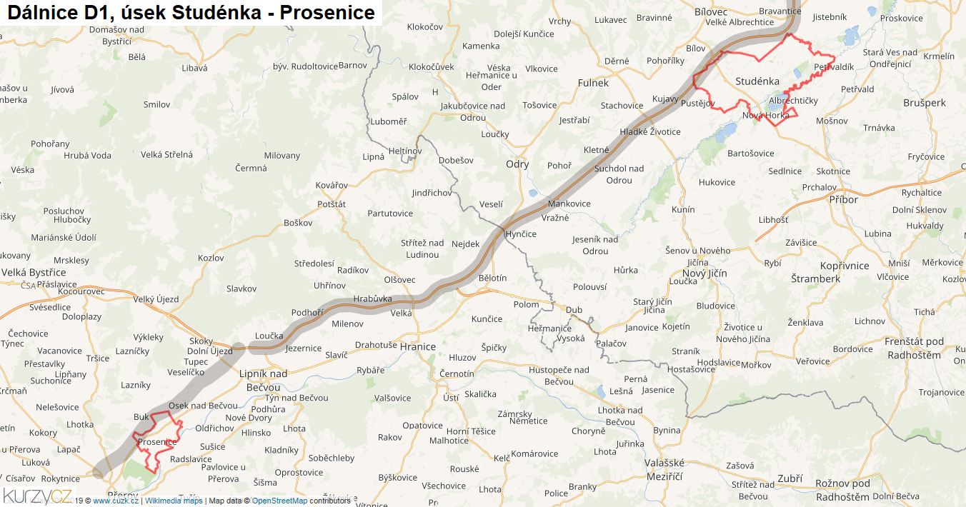 Úsek Studénka - Prosenice, Dálnice D1 - Mapa