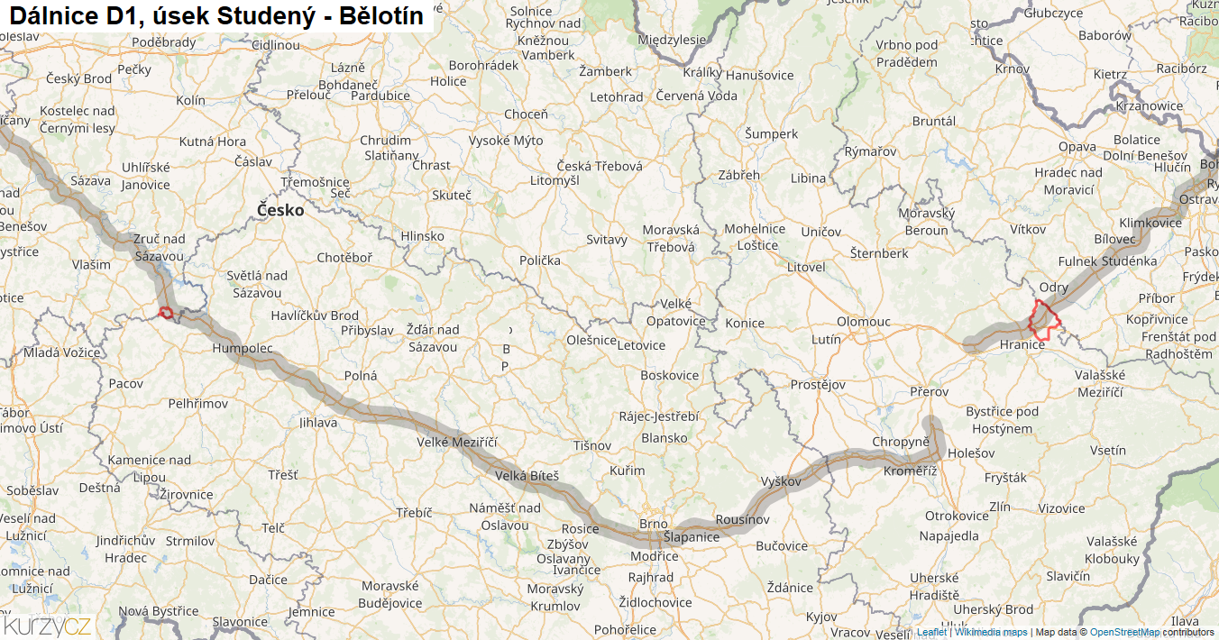 Úsek Studený - Bělotín, Dálnice D1 - Mapa