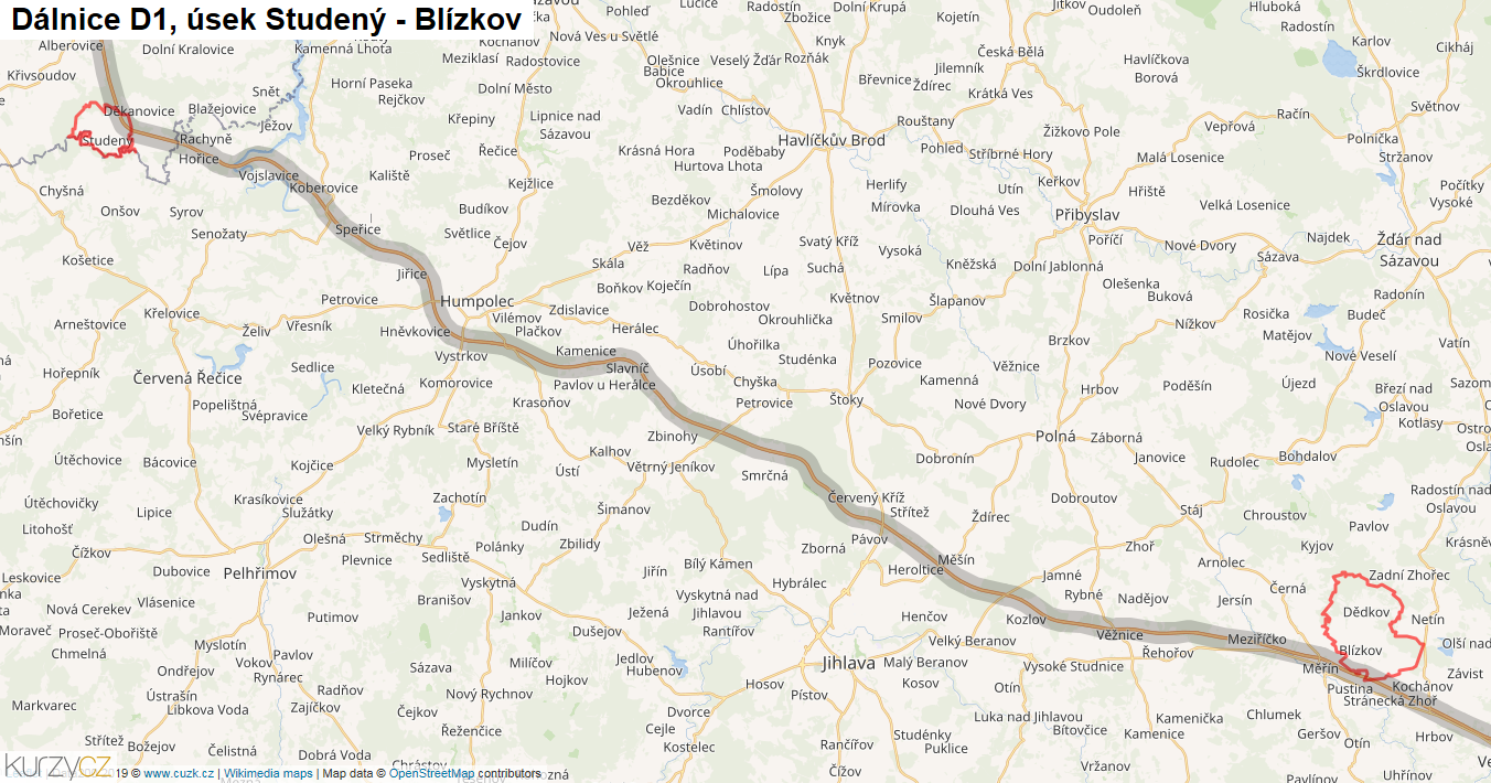 Úsek Studený - Blízkov, Dálnice D1 - Mapa