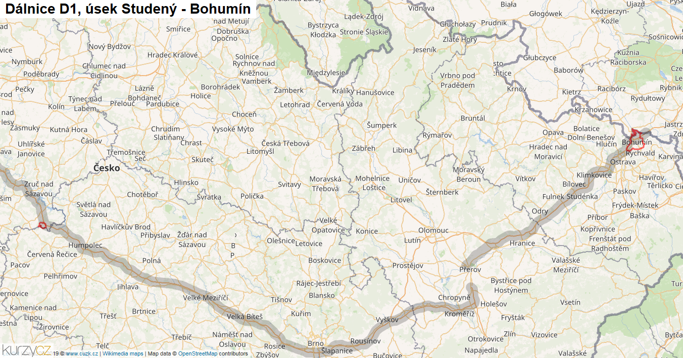Úsek Studený - Bohumín, Dálnice D1 - Mapa