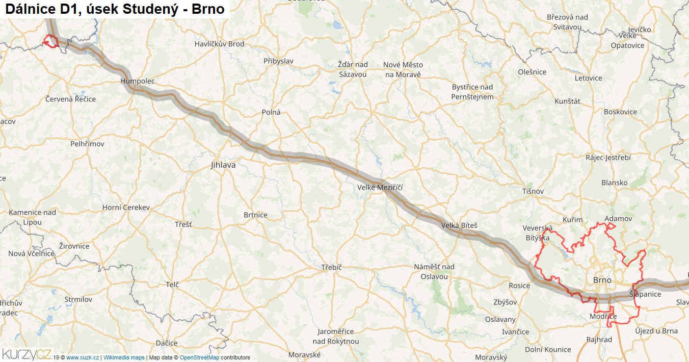 Úsek Studený - Brno, Dálnice D1 - Mapa