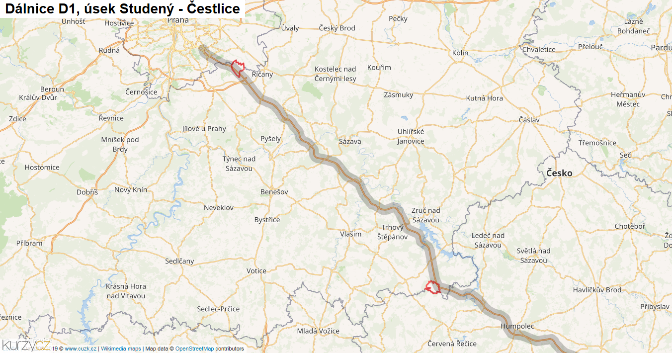 Úsek Studený - Čestlice, Dálnice D1 - Mapa