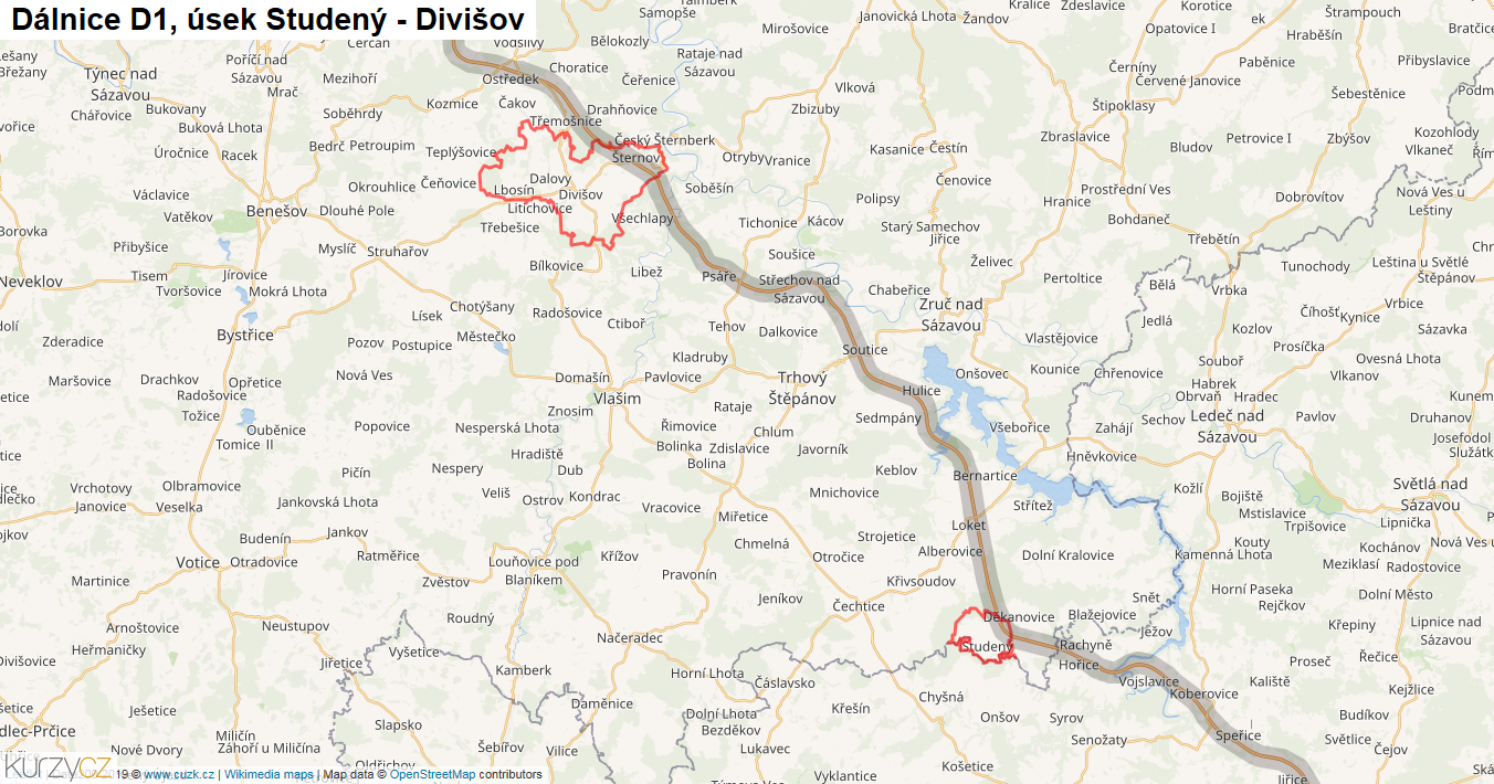 Úsek Studený - Divišov, Dálnice D1 - Mapa