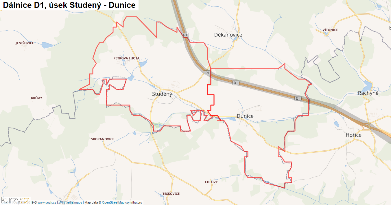 Úsek Studený - Dunice, Dálnice D1 - Mapa