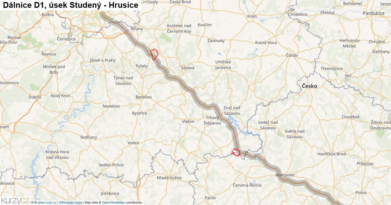 Úsek Studený - Hrusice, Dálnice D1 - Mapa