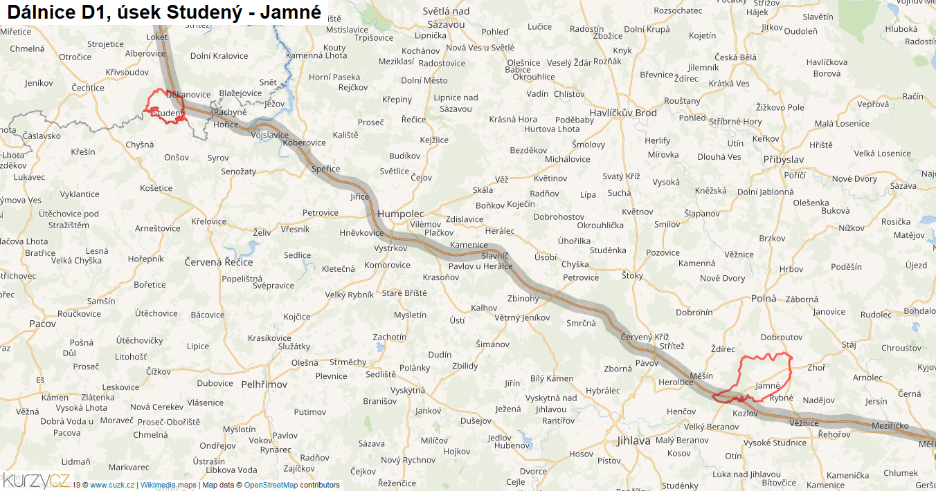 Úsek Studený - Jamné, Dálnice D1 - Mapa