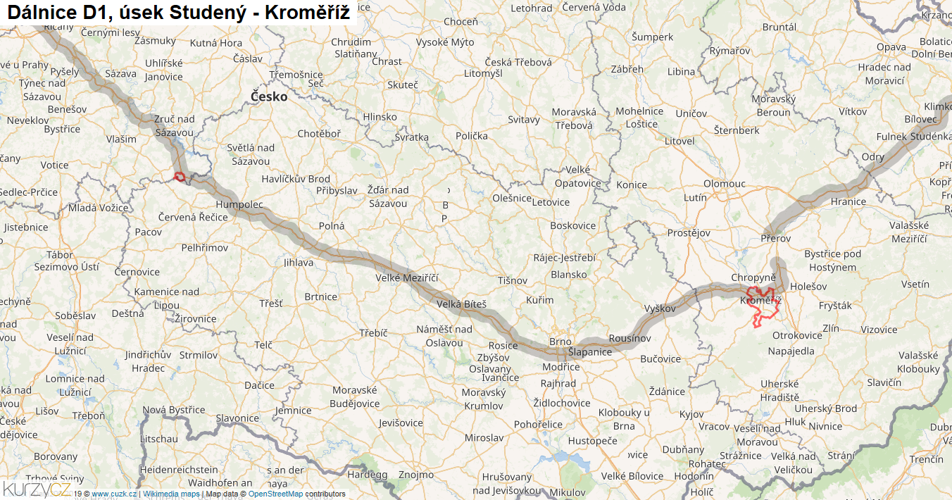 Úsek Studený - Kroměříž, Dálnice D1 - Mapa