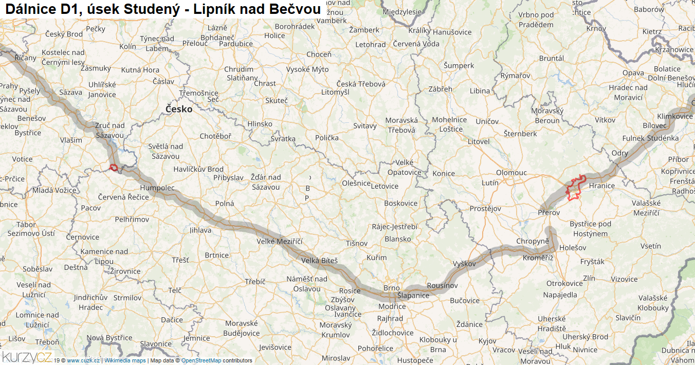 Úsek Studený - Lipník nad Bečvou, Dálnice D1 - Mapa