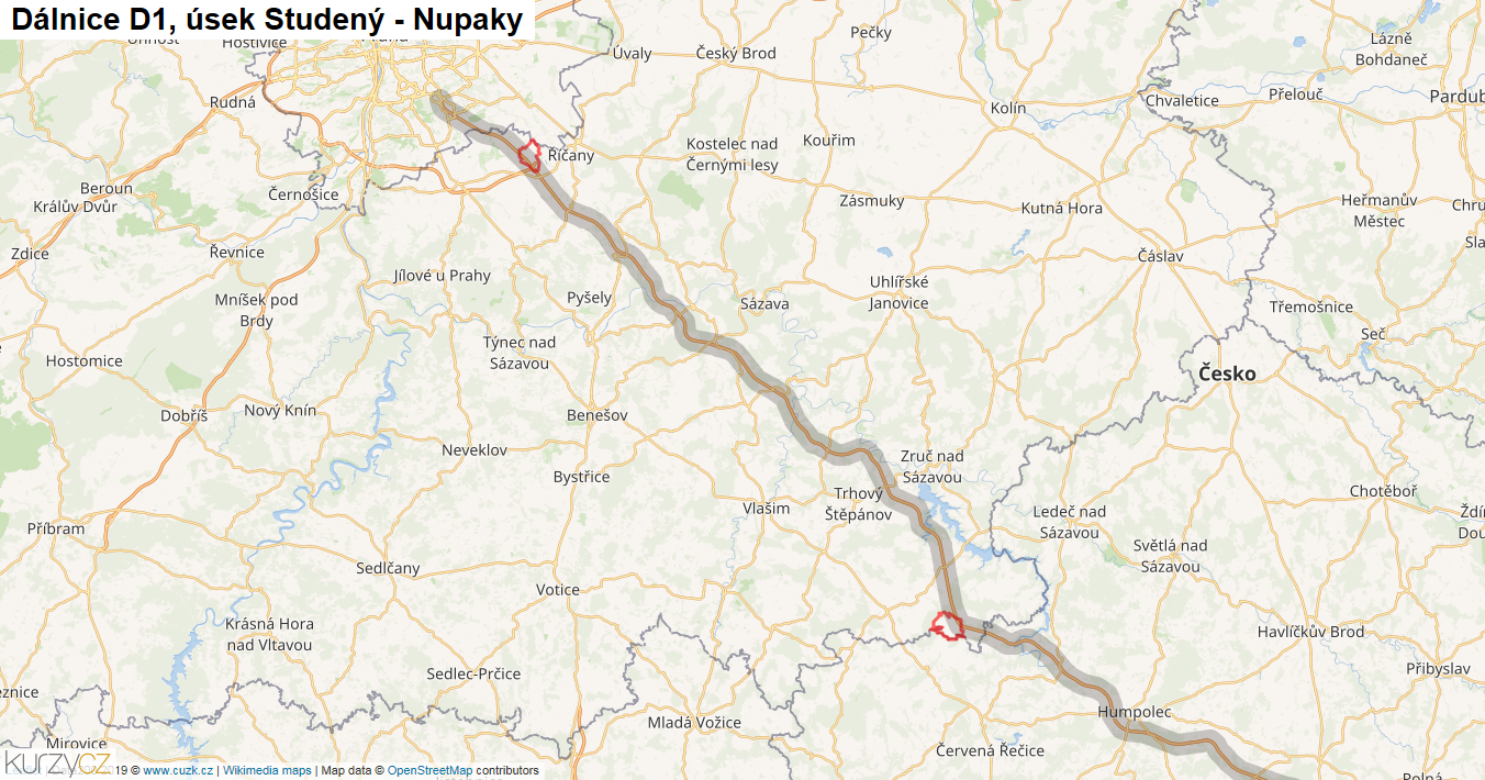 Úsek Studený - Nupaky, Dálnice D1 - Mapa