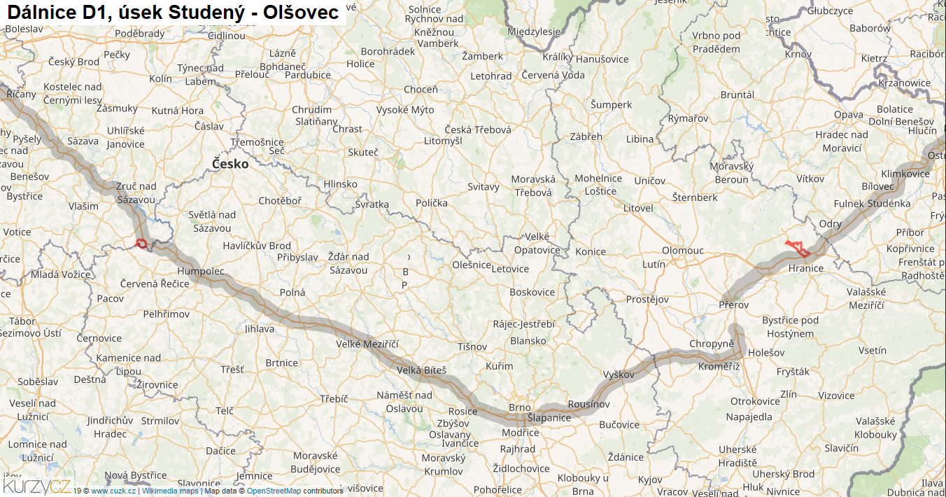 Úsek Studený - Olšovec, Dálnice D1 - Mapa