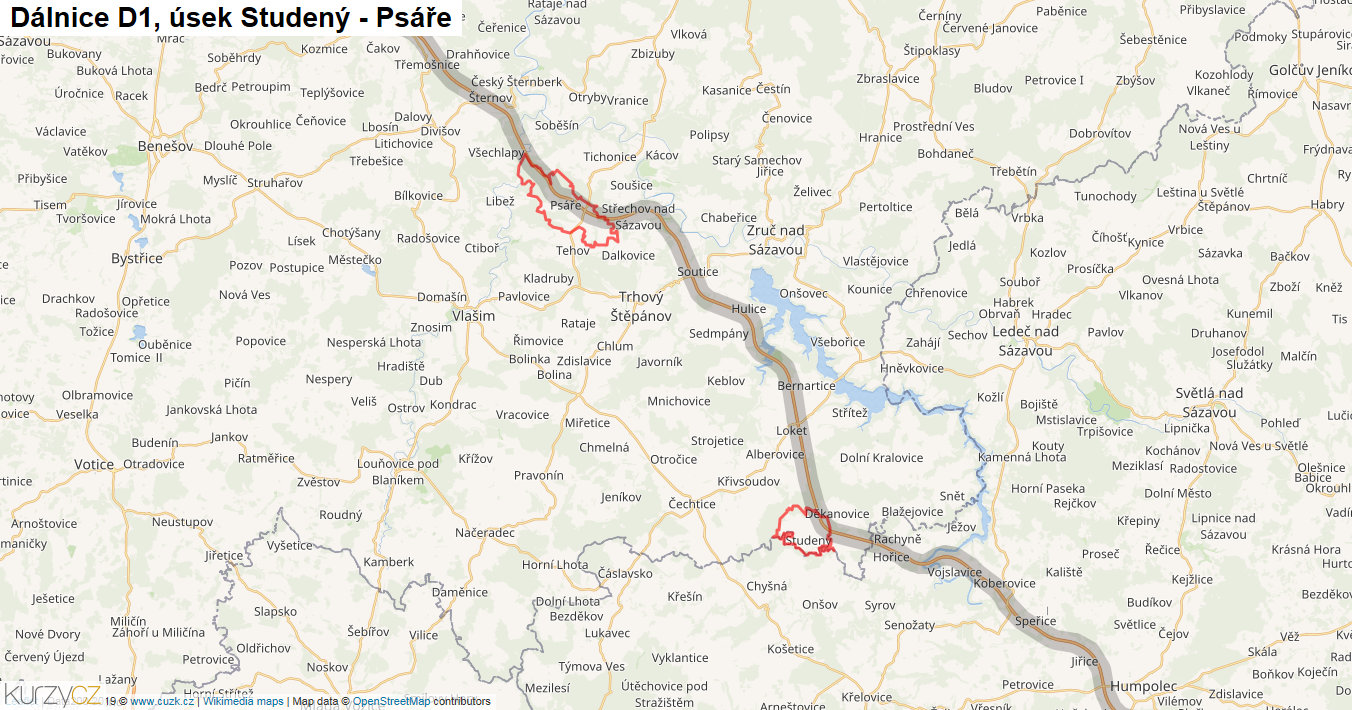 Úsek Studený - Psáře, Dálnice D1 - Mapa