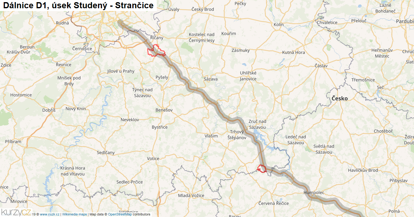 Úsek Studený - Strančice, Dálnice D1 - Mapa