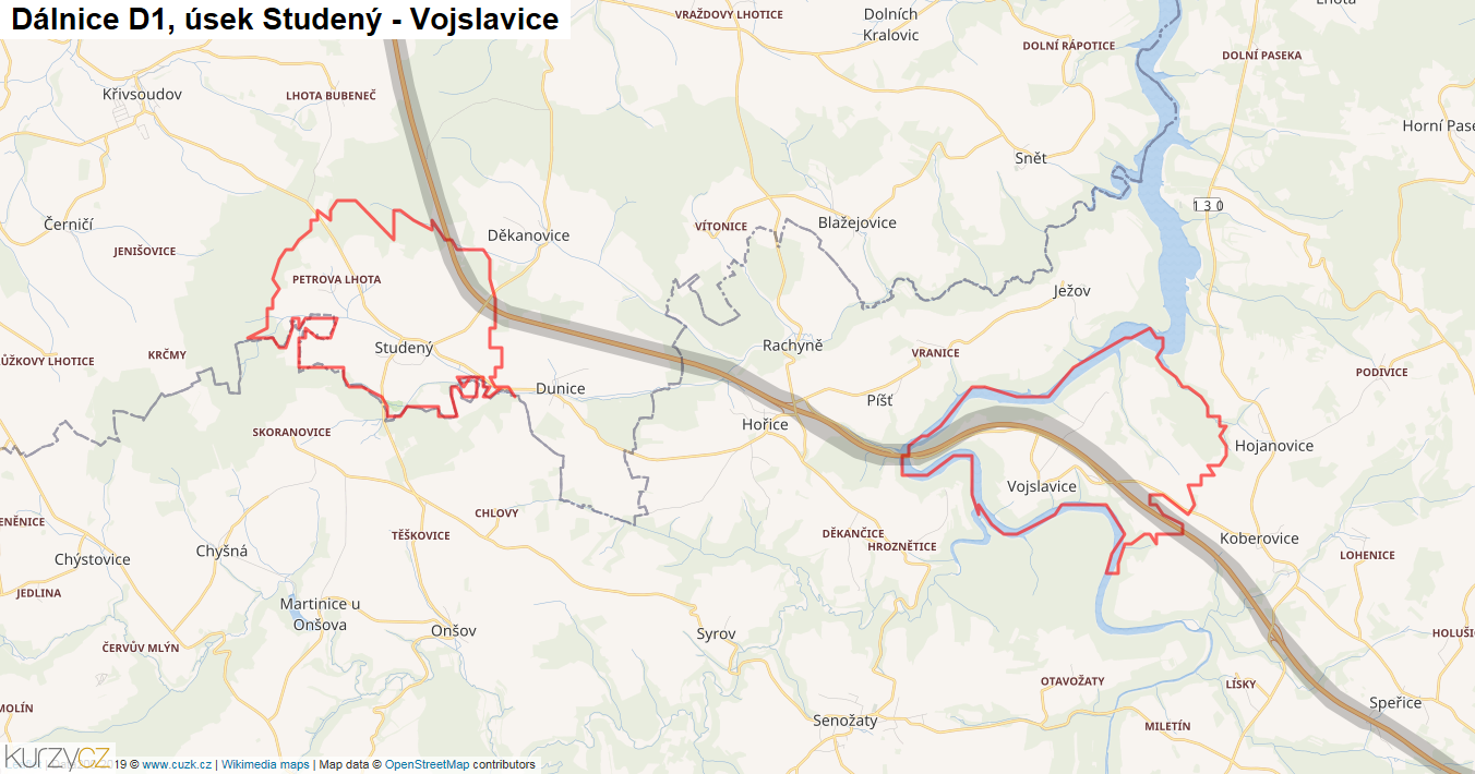 Úsek Studený - Vojslavice, Dálnice D1 - Mapa