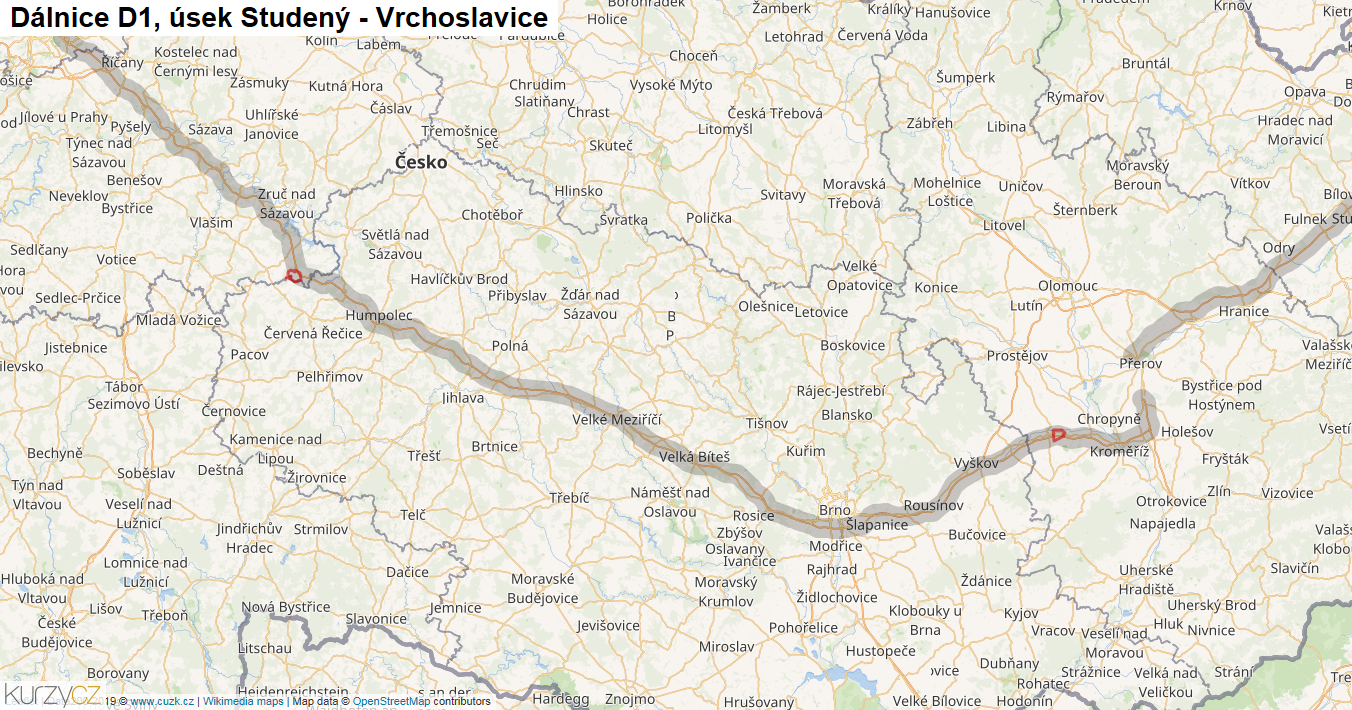 Úsek Studený - Vrchoslavice, Dálnice D1 - Mapa