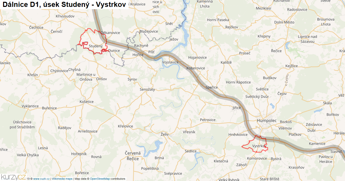 Úsek Studený - Vystrkov, Dálnice D1 - Mapa