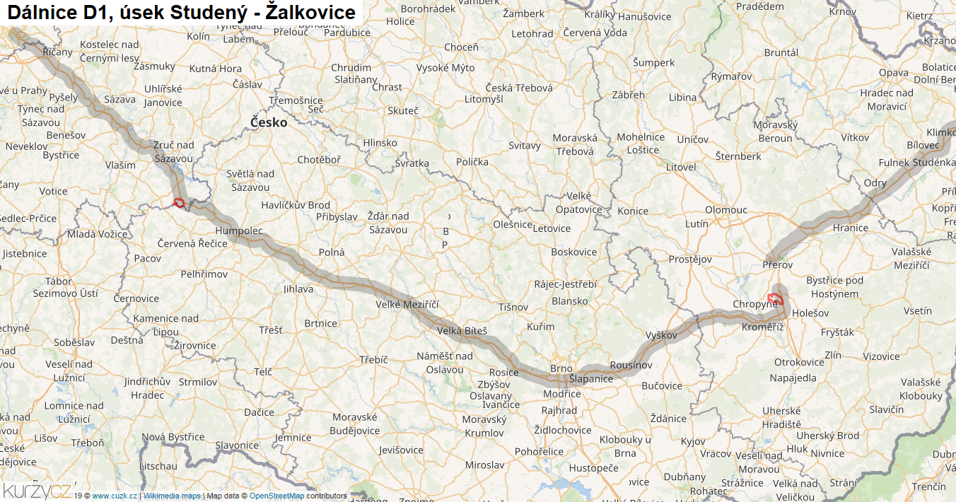 Úsek Studený - Žalkovice, Dálnice D1 - Mapa