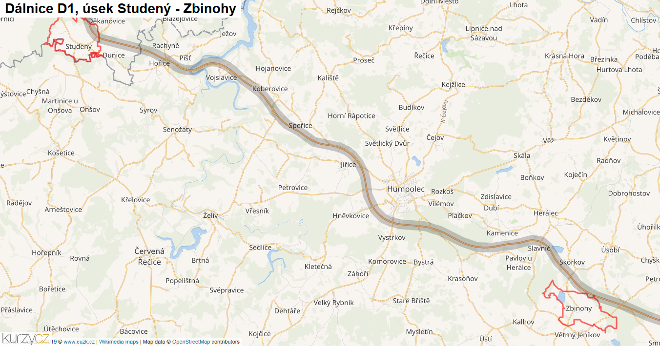 Úsek Studený - Zbinohy, Dálnice D1 - Mapa