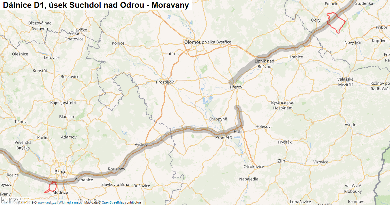 Úsek Suchdol nad Odrou - Moravany, Dálnice D1 - Mapa