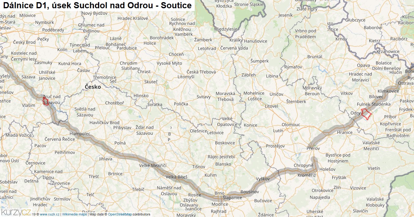 Úsek Suchdol nad Odrou - Soutice, Dálnice D1 - Mapa