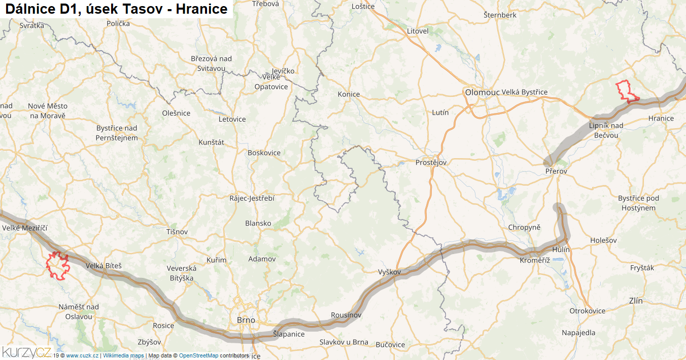 Úsek Tasov - Hranice, Dálnice D1 - Mapa
