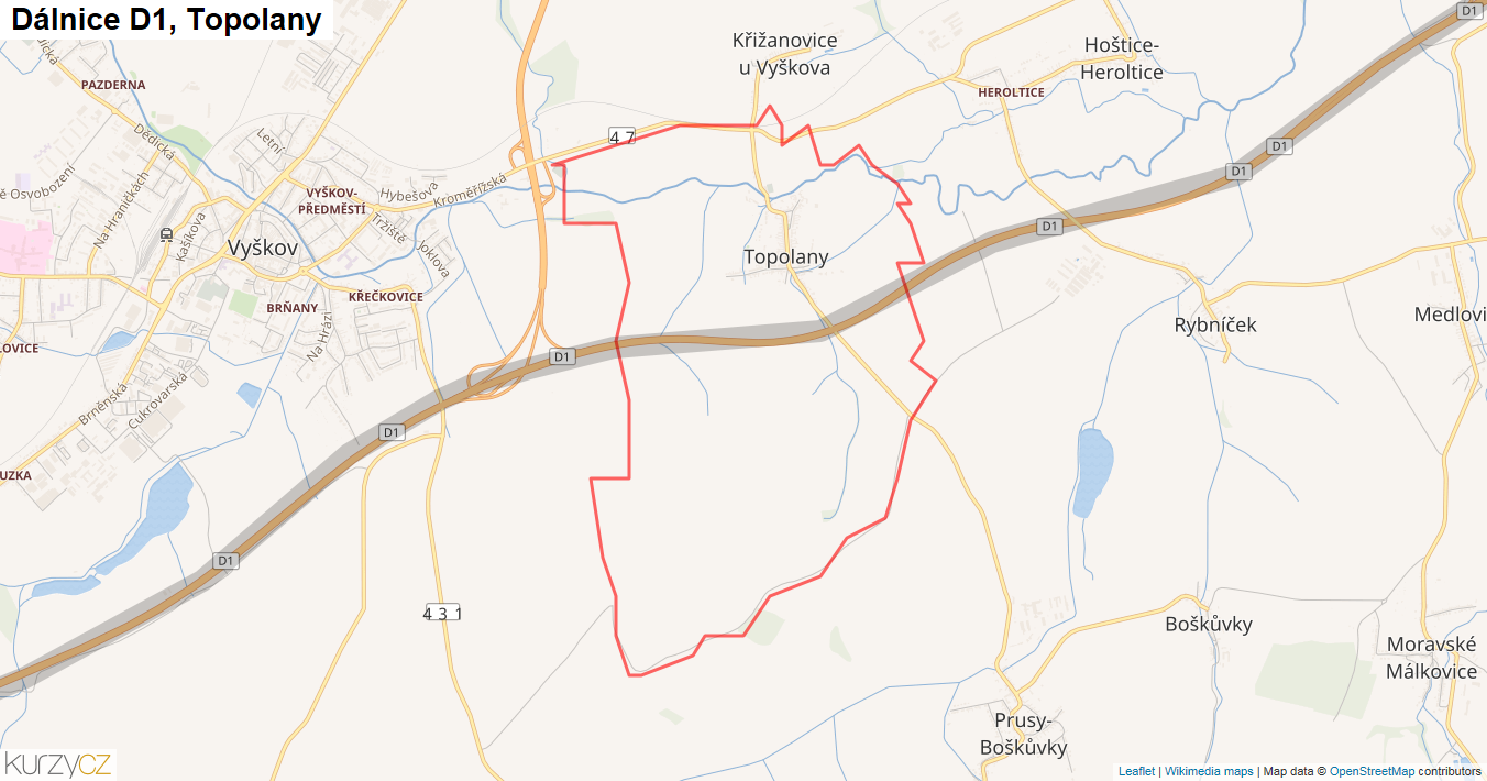 Topolany, Dálnice D1 - Mapa