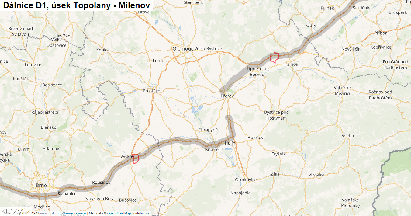 Úsek Topolany - Milenov, Dálnice D1 - Mapa