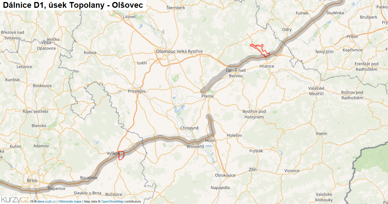Úsek Topolany - Olšovec, Dálnice D1 - Mapa