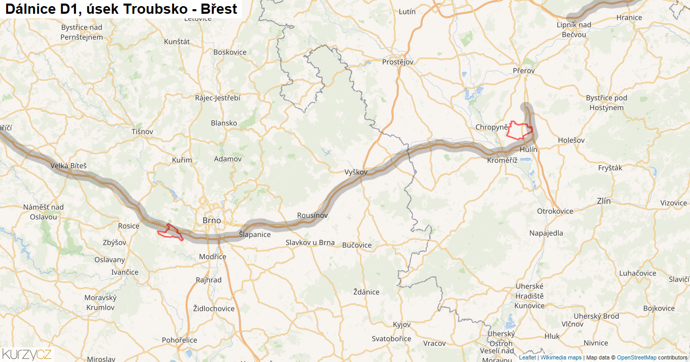 Úsek Troubsko - Břest, Dálnice D1 - Mapa