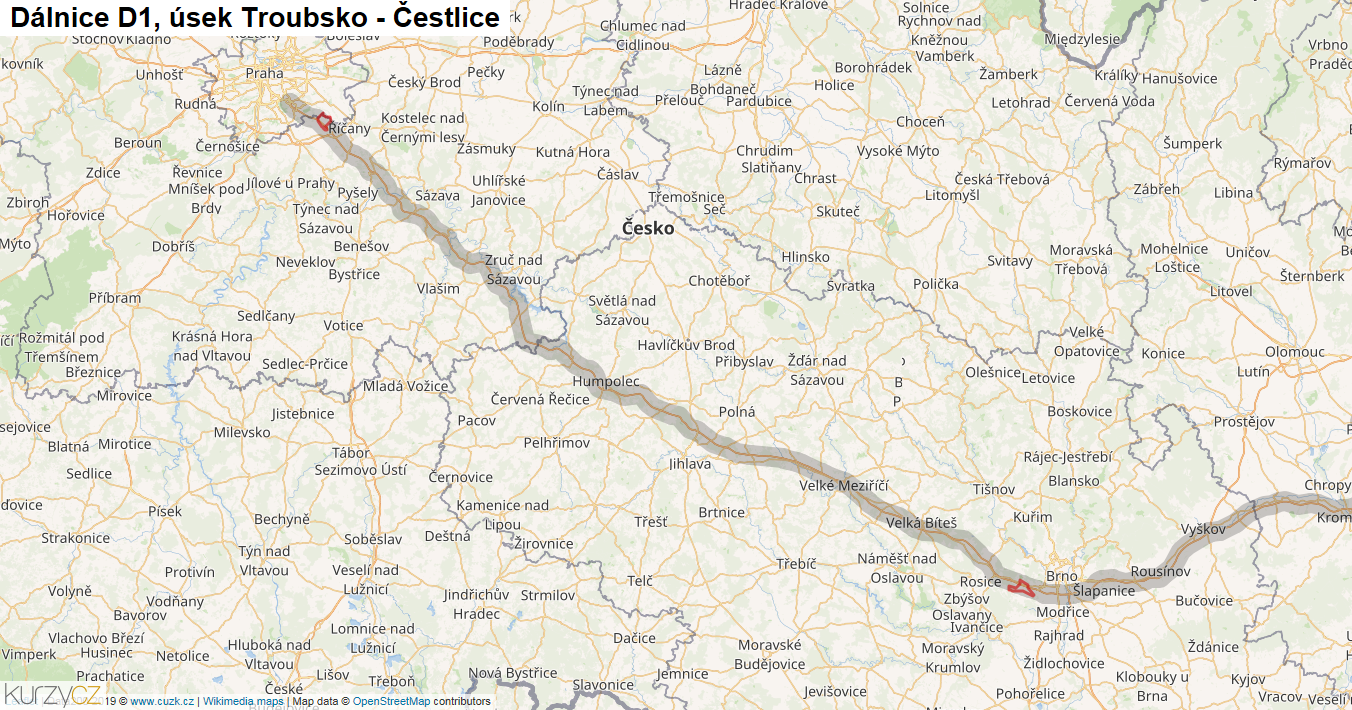 Úsek Troubsko - Čestlice, Dálnice D1 - Mapa