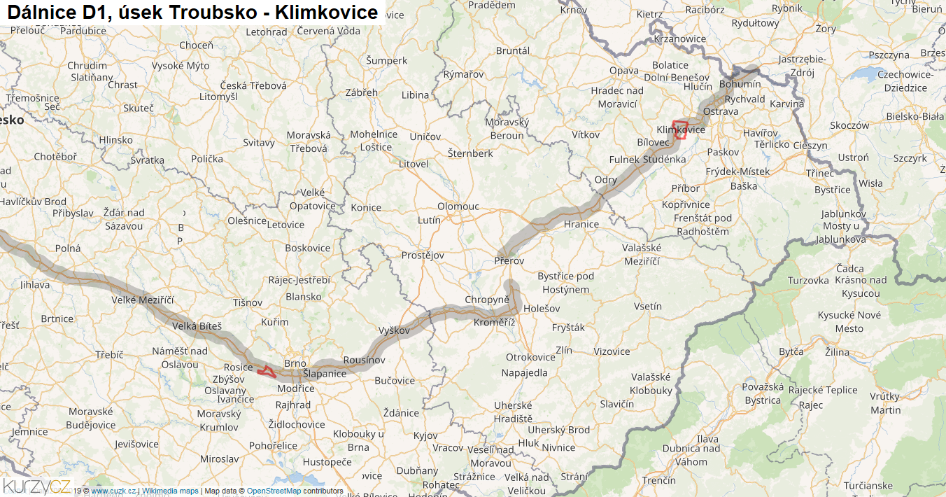 Úsek Troubsko - Klimkovice, Dálnice D1 - Mapa