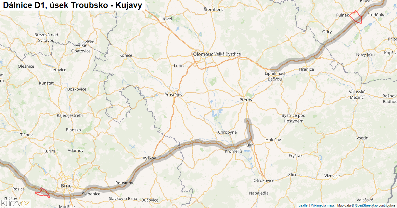 Úsek Troubsko - Kujavy, Dálnice D1 - Mapa