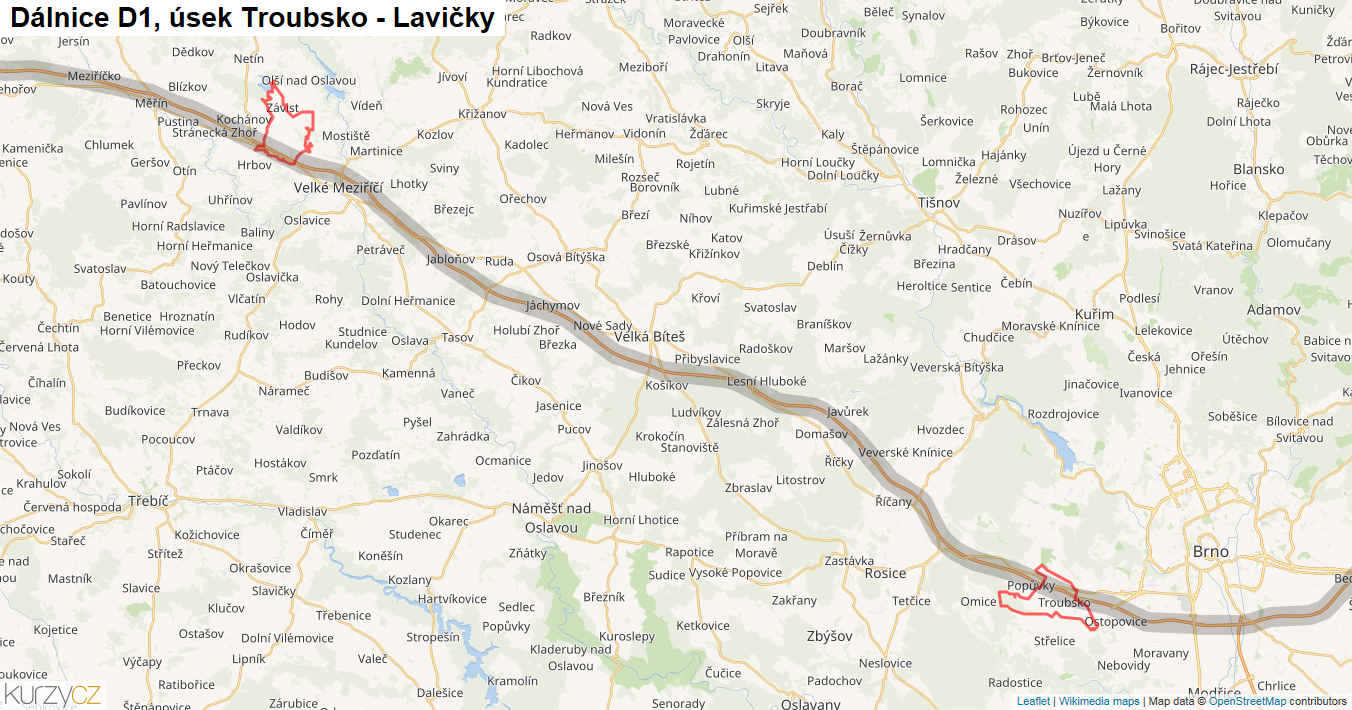 Úsek Troubsko - Lavičky, Dálnice D1 - Mapa